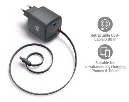 USB-C Batteriladdare 65 watt - utdragbar Kabel